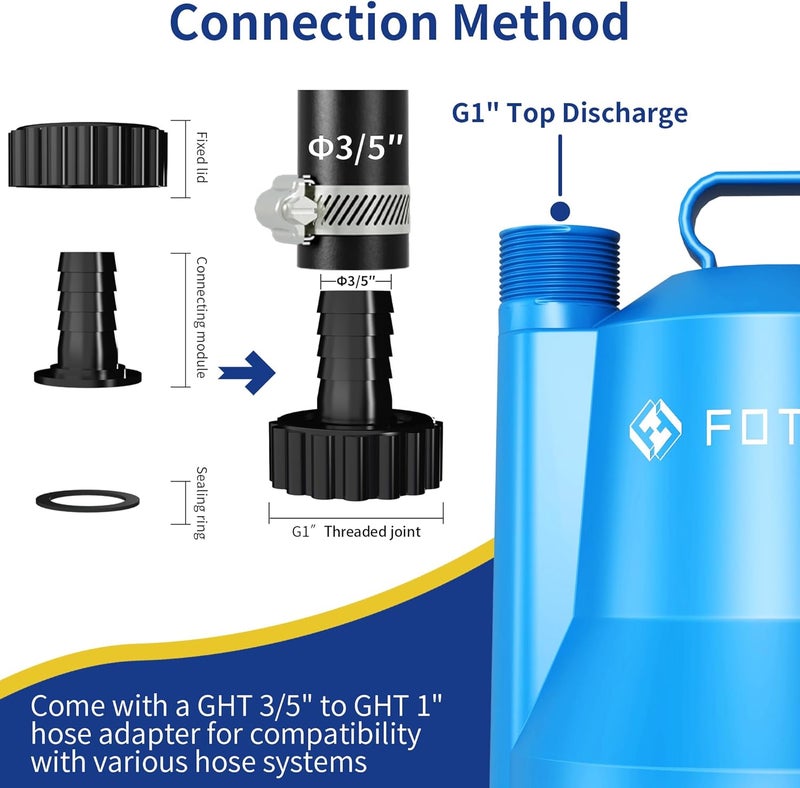 FOTING Sump Pump, High Flow Clean&Dirty Submersible Water Pump, Thermoplastic Electric Portable Utility Pump for Pool Draining Hot Tub Garden Basement, 1/4HP 1676GPH - Image 5